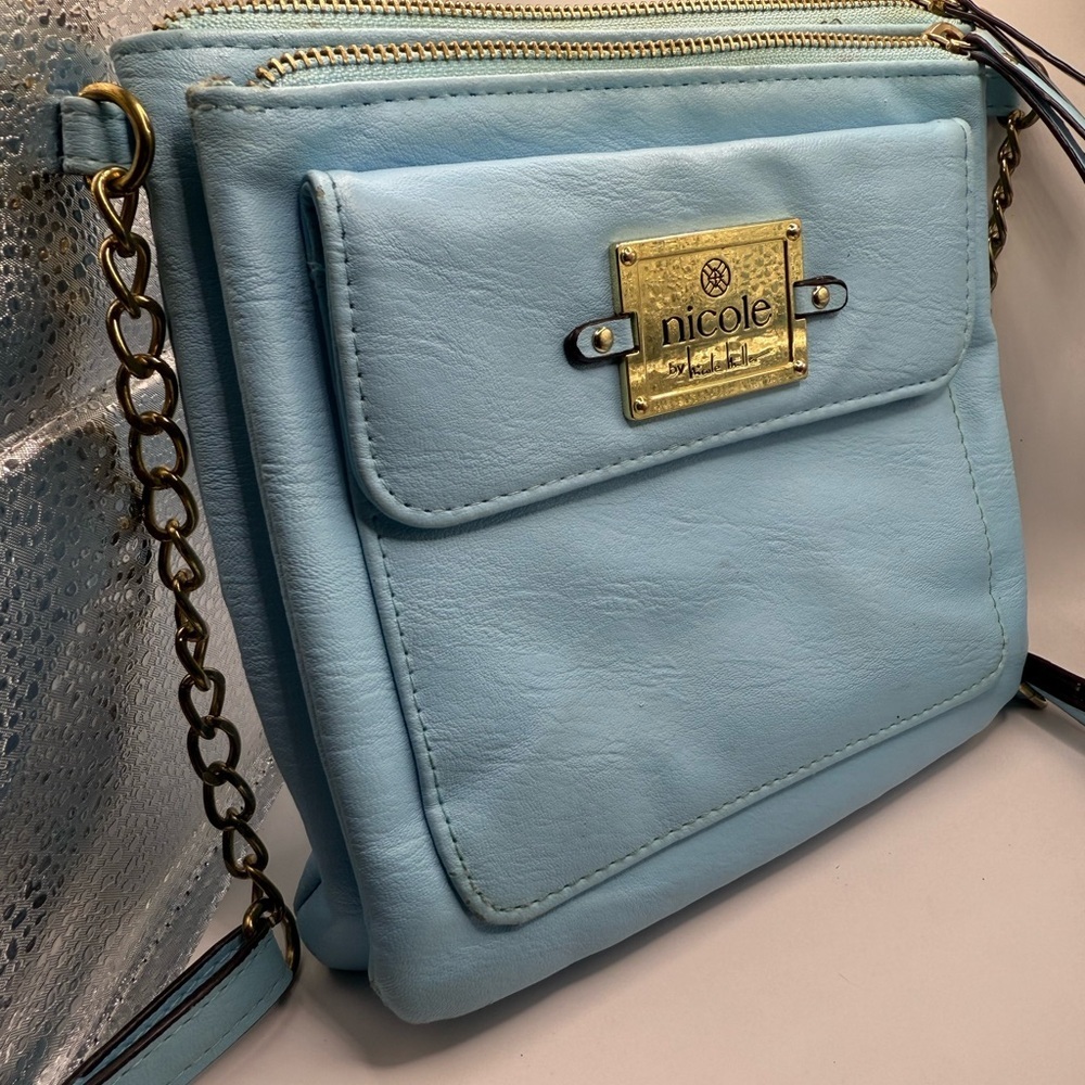 Nicole by Nicole Miller Light Blue Crossbody Bag with Gold Tag & Chained Links